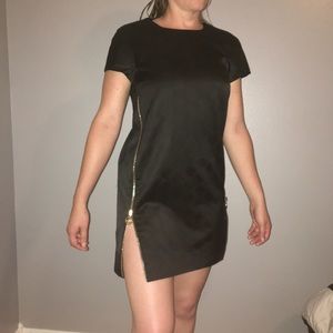 VERSACE - Black satin shift dress with dual gold zipper & medallion detailing